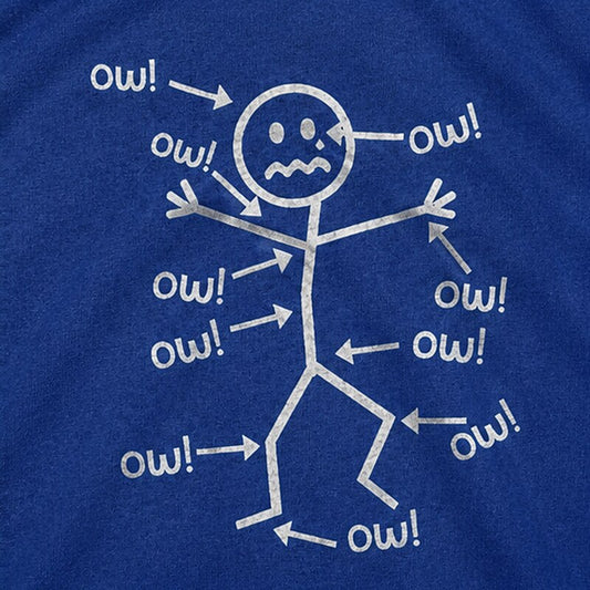 Body Pain Crying Stick Figure with Pointing Arrows Multiple Ow Quotes Graphic T-Shirt - product image 2