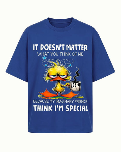 It Doesn't Matter What You Think of Me Because My Imaginary Friends Think I'm Special with Crazy Duck Holding Coffee Graphic T-Shirt - product image 1