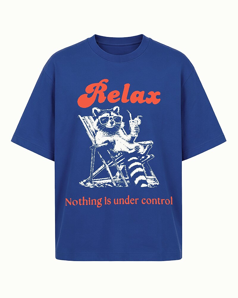 Relax, Nothing Is Under Control raccoon graphic on Black cotton T-shirt