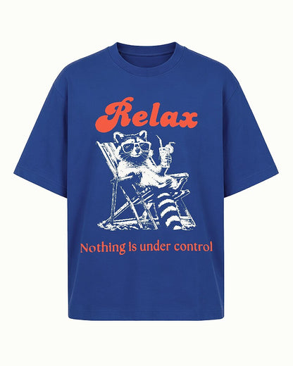Relax, Nothing Is Under Control raccoon graphic on Black cotton T-shirt