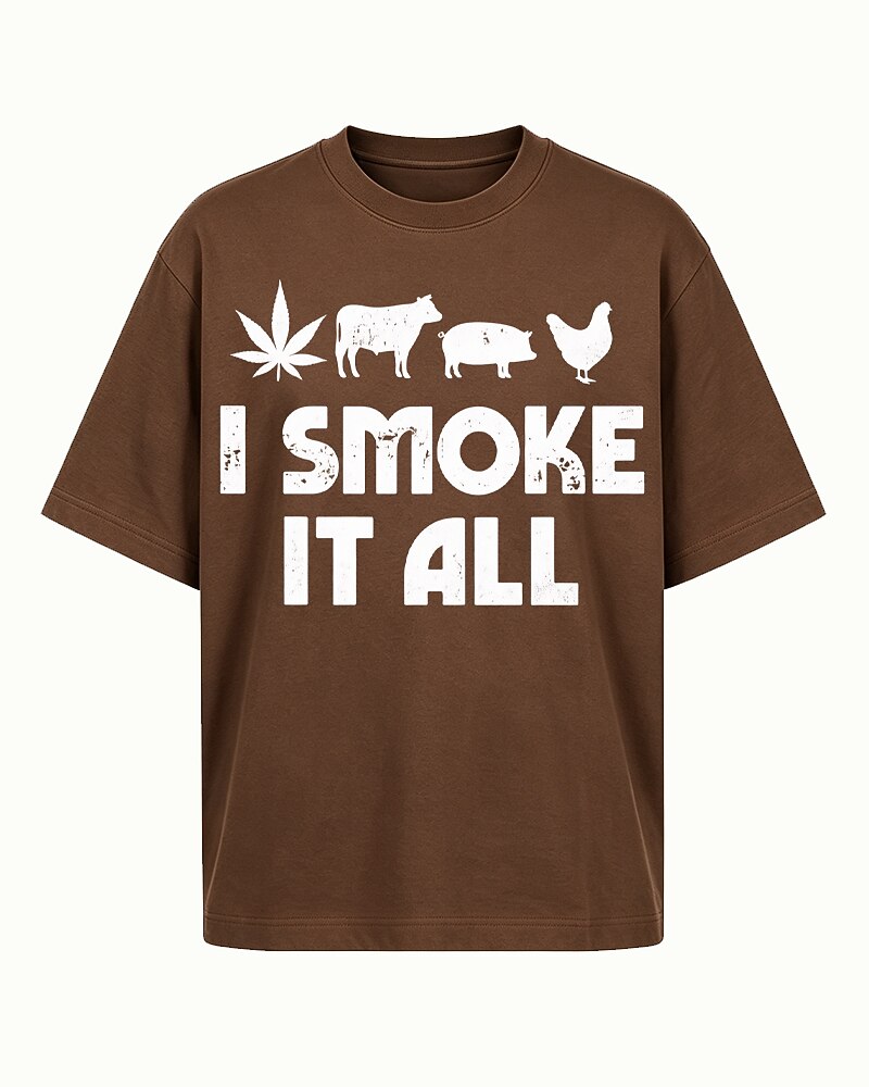 I Smoke It All cow, pig, chicken, and BBQ graphic on Brick red cotton T-shirt