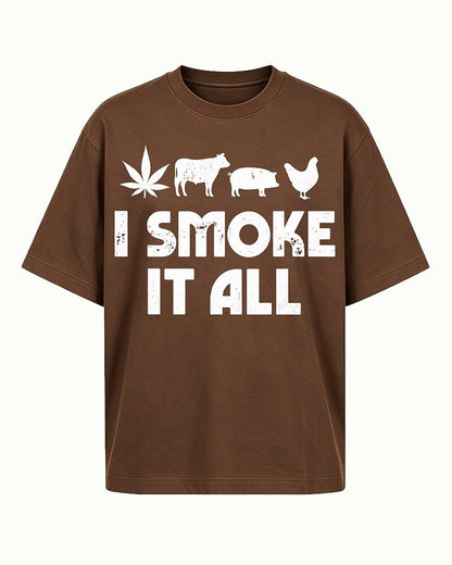 I Smoke It All cow, pig, chicken, and BBQ graphic on Brick red cotton T-shirt