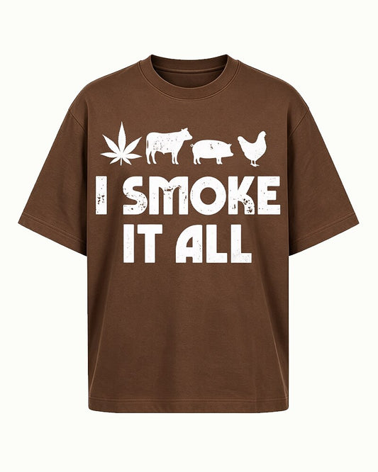 I Smoke It All cow, pig, chicken, and BBQ graphic on Brick red cotton T-shirt