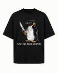 Flight Was Never an Option penguin-with-a-knife graphic on Heather Gray cotton T-shirt