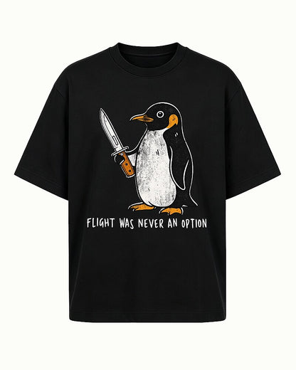 Flight Was Never an Option penguin-with-a-knife graphic on Heather Gray cotton T-shirt