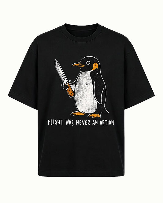 Flight Was Never an Option penguin-with-a-knife graphic on Heather Gray cotton T-shirt