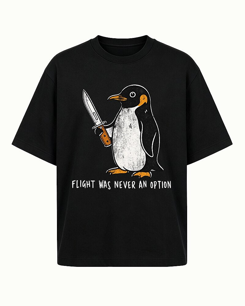 Flight Was Never an Option penguin-with-a-knife graphic on Heather Gray cotton T-shirt