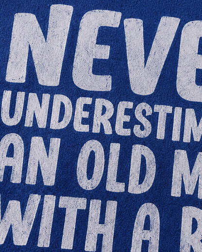 Never Underestimate an Old Man With a Fishing Rod quote on Nile Blue cotton T-shirt