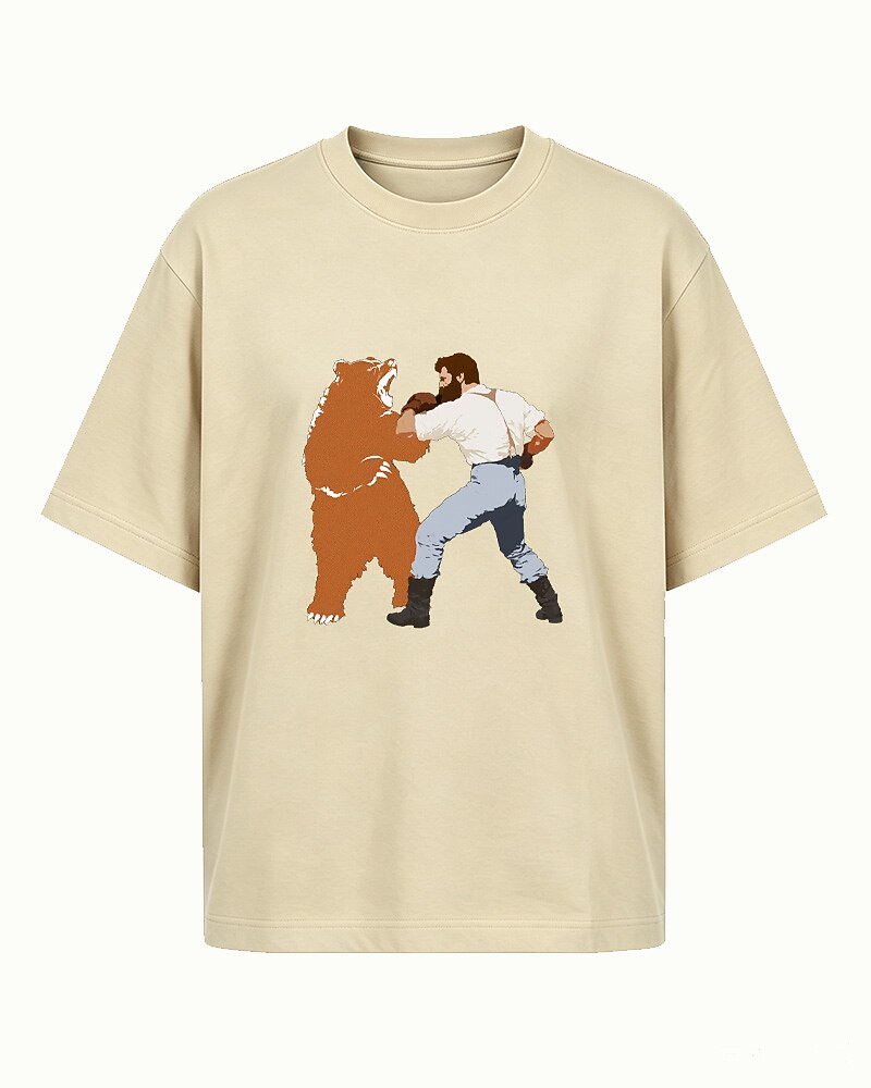 man boxing a bear graphic on Navy Blue cotton T-shirt