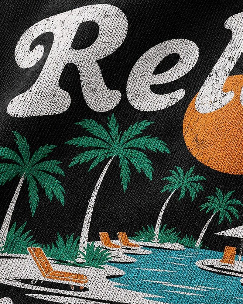 Relax, You'll Be Dead Someday tropical beach graphic on Black cotton T-shirt