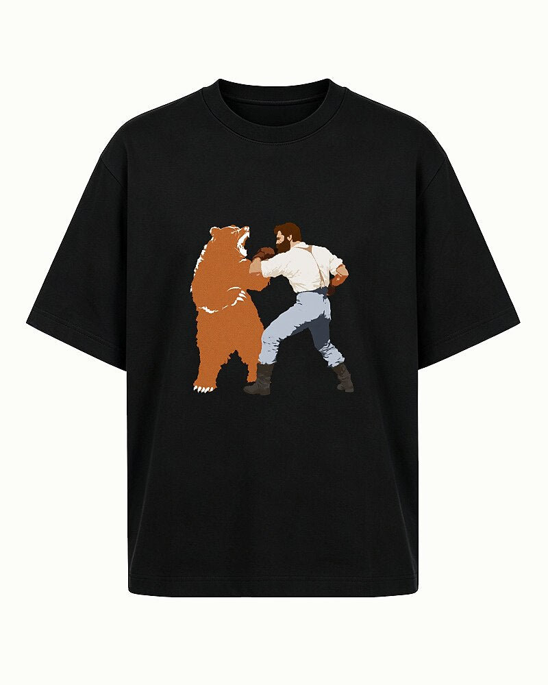 man boxing a bear graphic on Black cotton T-shirt