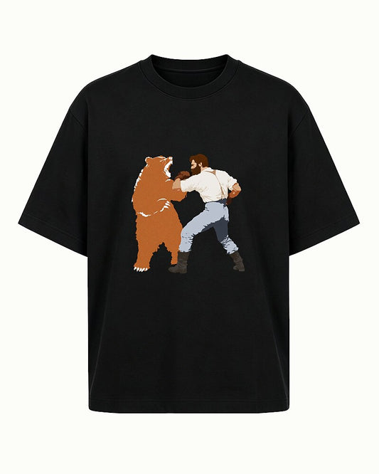 man boxing a bear graphic on Black cotton T-shirt