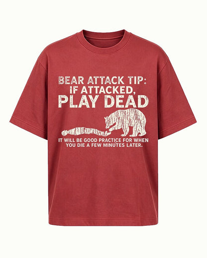 Bear Attack Tip: Play Dead dark-humor graphic on Royal Blue cotton T-shirt