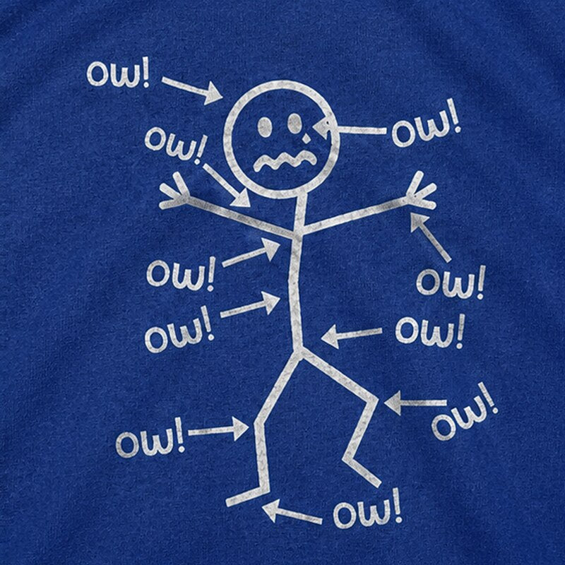 Body Pain Crying Stick Figure with Pointing Arrows Multiple Ow Quotes Graphic T-Shirt - product image 2