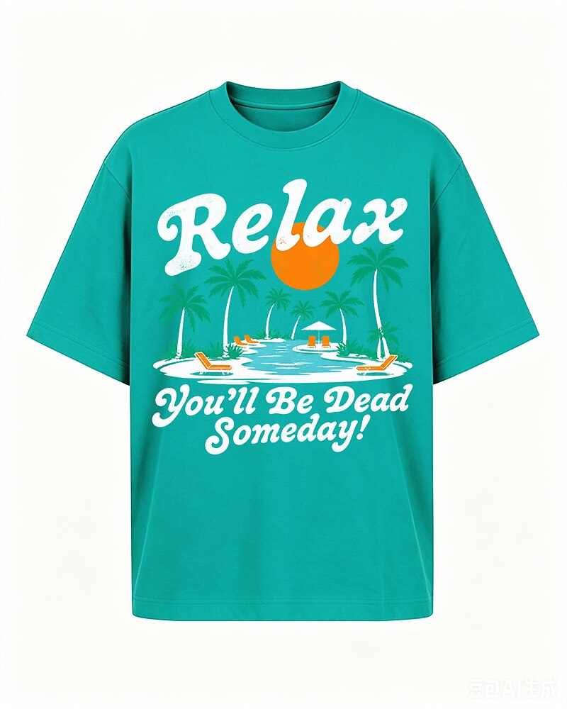 Relax, You'll Be Dead Someday tropical beach graphic on Black cotton T-shirt