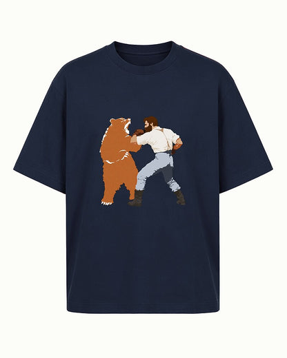 man boxing a bear graphic on Black cotton T-shirt