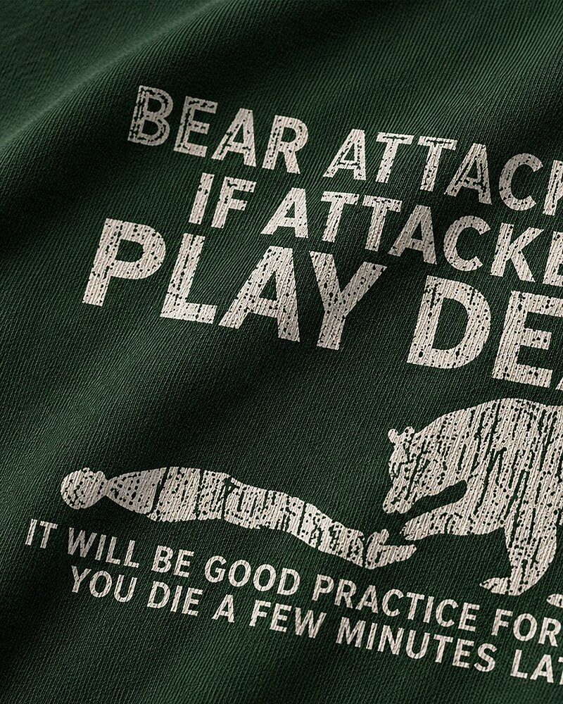 Bear Attack Tip: Play Dead dark-humor graphic on Royal Blue cotton T-shirt