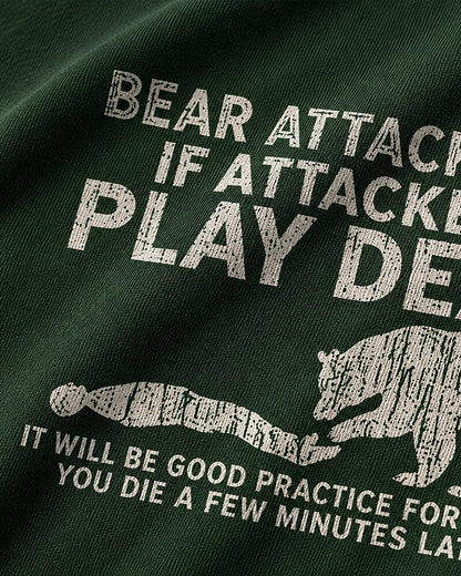 Bear Attack Tip: Play Dead dark-humor graphic on Royal Blue cotton T-shirt