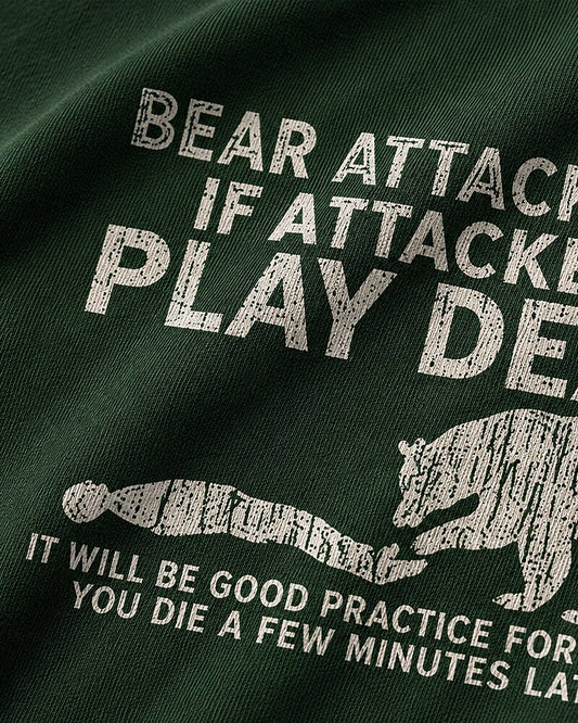 Bear Attack Tip: Play Dead dark-humor graphic on Royal Blue cotton T-shirt