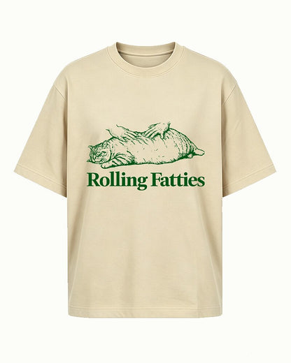 Rolling Fatties fat-cat graphic on Orange red cotton T-shirt