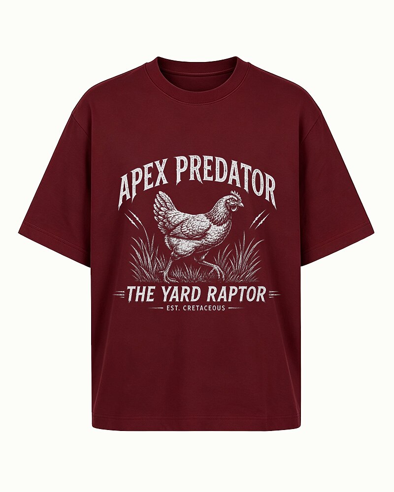 Apex Predator yard-raptor chicken graphic on Wine Red cotton T-shirt