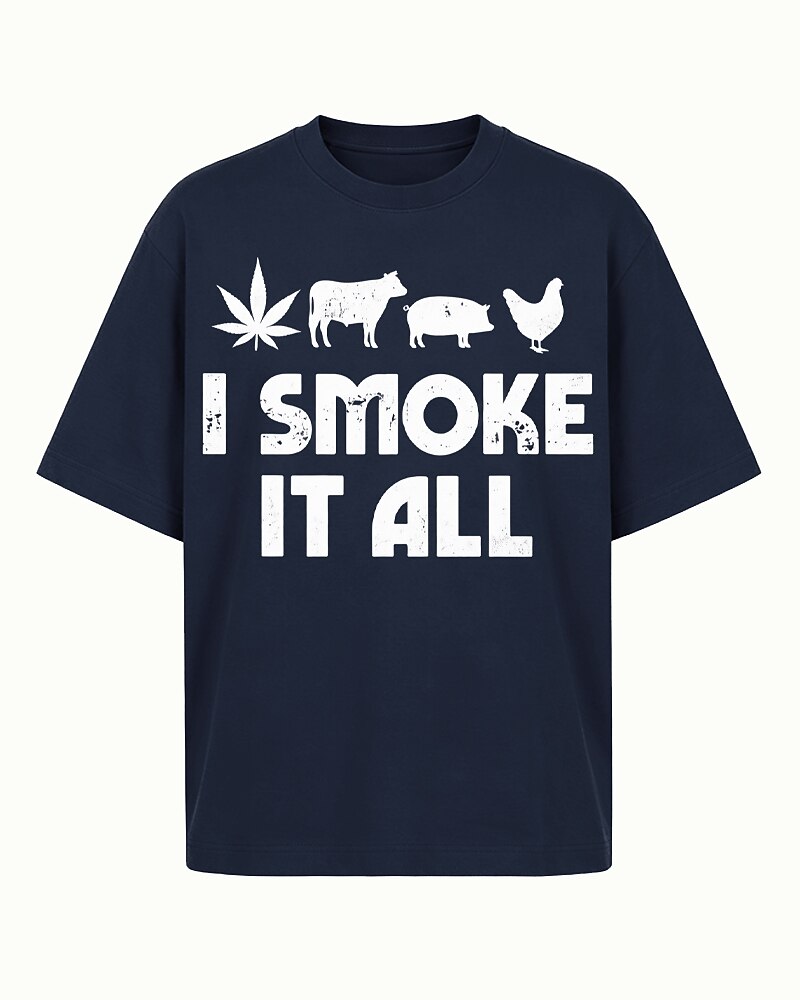 I Smoke It All cow, pig, chicken, and BBQ graphic on Brick red cotton T-shirt