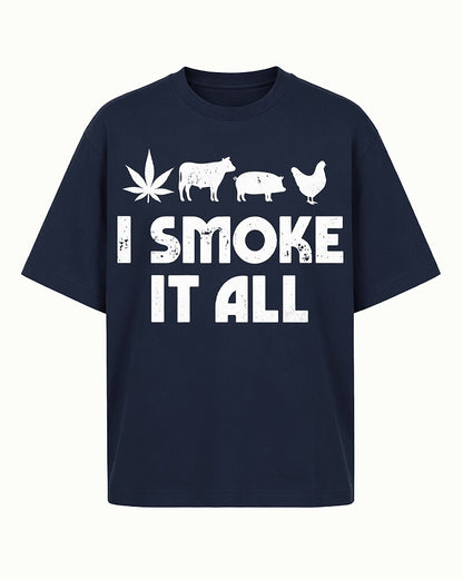 I Smoke It All cow, pig, chicken, and BBQ graphic on Brick red cotton T-shirt