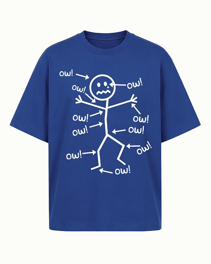 Body Pain Crying Stick Figure with Pointing Arrows Multiple Ow Quotes Graphic T-Shirt - product image 1