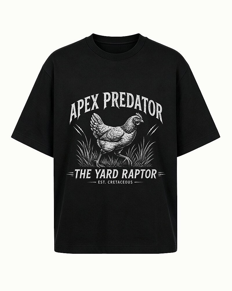 Apex Predator yard-raptor chicken graphic on Wine Red cotton T-shirt