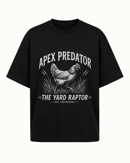 Apex Predator yard-raptor chicken graphic on Wine Red cotton T-shirt