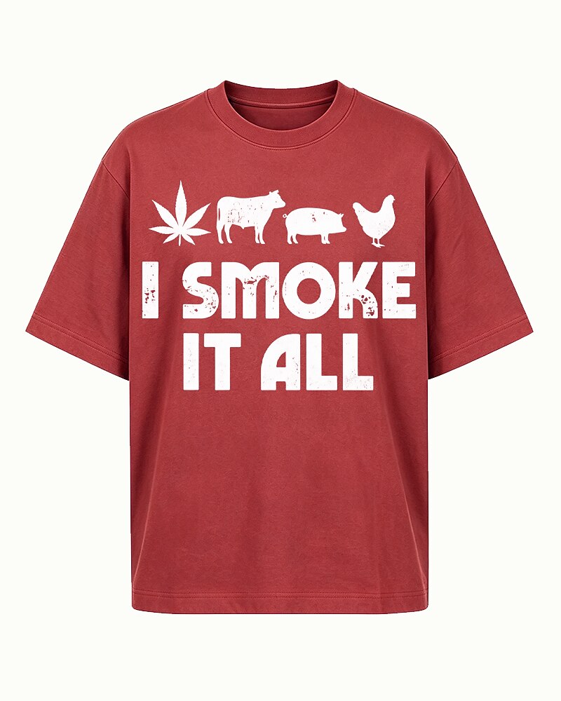I Smoke It All cow, pig, chicken, and BBQ graphic on Brick red cotton T-shirt