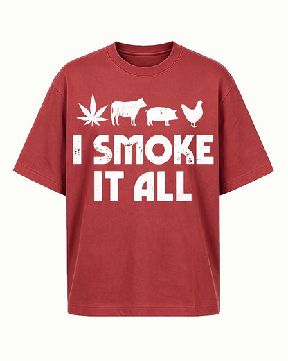 I Smoke It All cow, pig, chicken, and BBQ graphic on Brick red cotton T-shirt