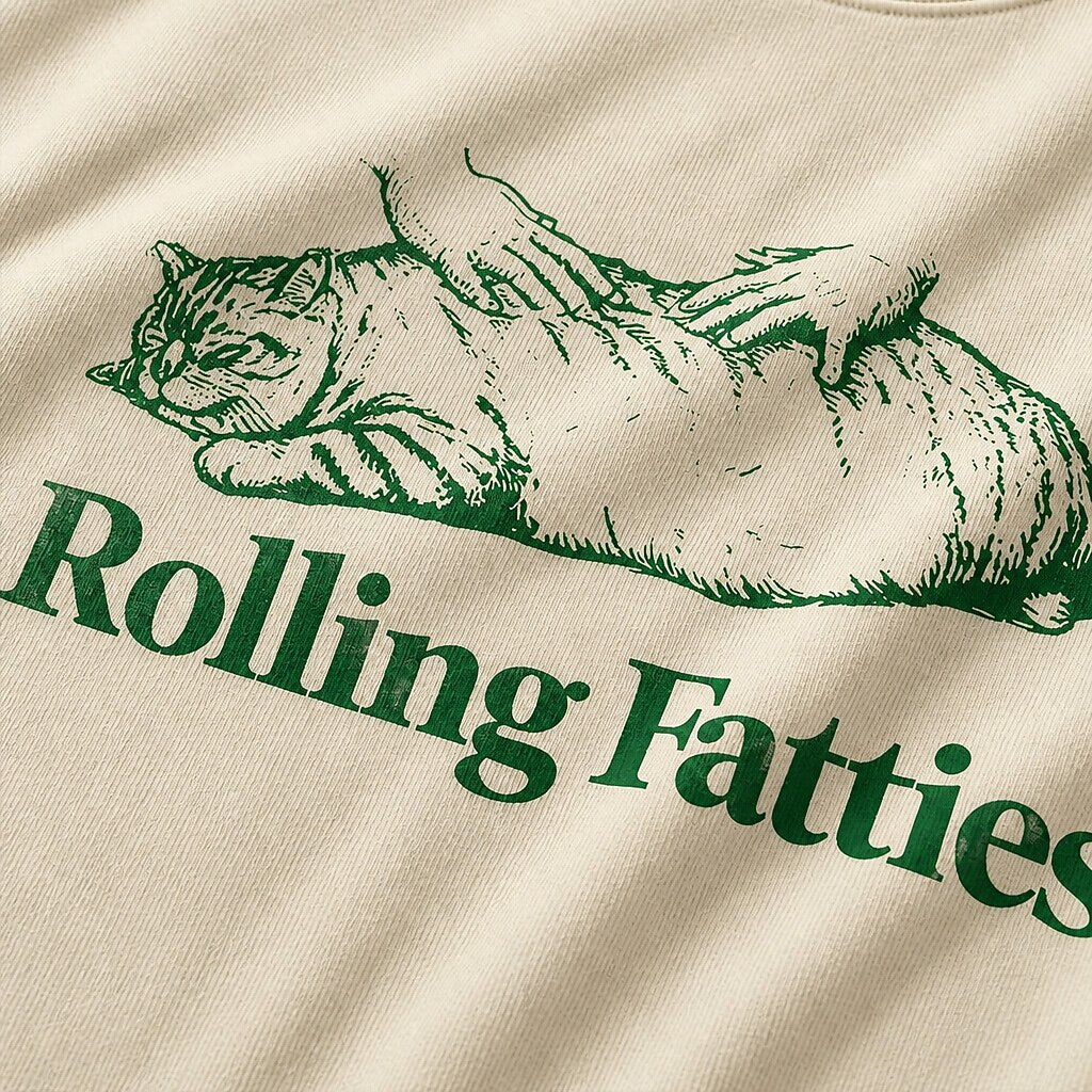 Rolling Fatties fat-cat graphic on Orange red cotton T-shirt