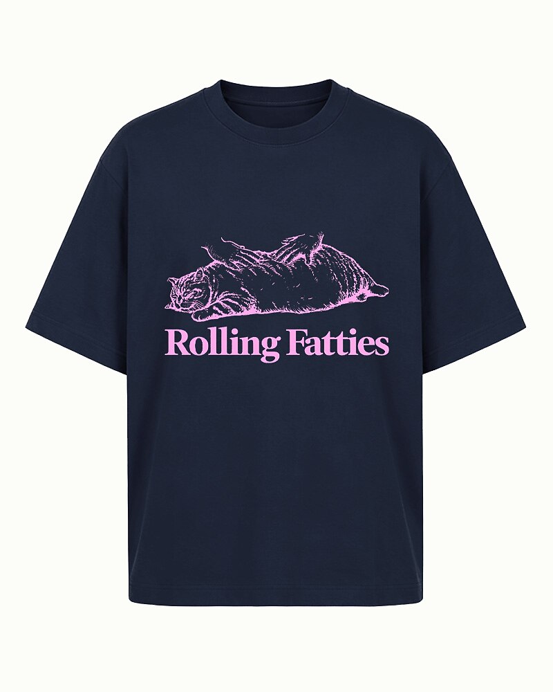 Rolling Fatties fat-cat graphic on Orange red cotton T-shirt