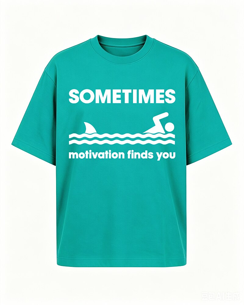 Sometimes Motivation Finds You swimming shark graphic on Nile Blue cotton T-shirt