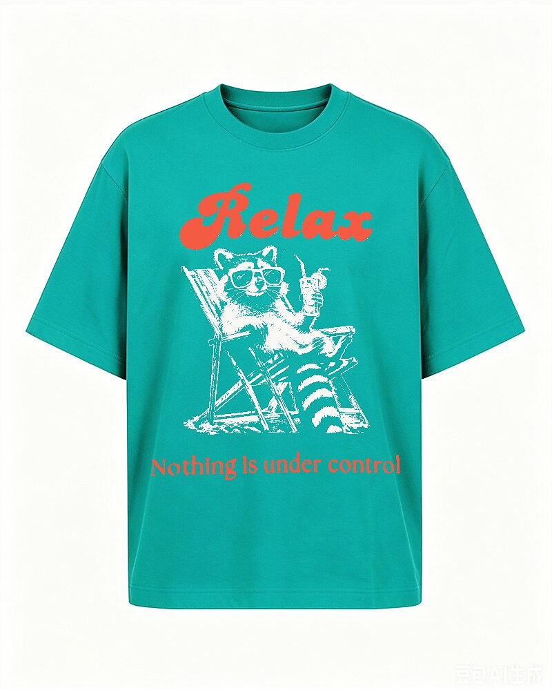 Relax, Nothing Is Under Control raccoon graphic on Gray cotton T-shirt