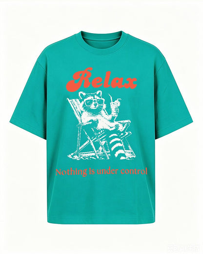 Relax, Nothing Is Under Control raccoon graphic on Gray cotton T-shirt