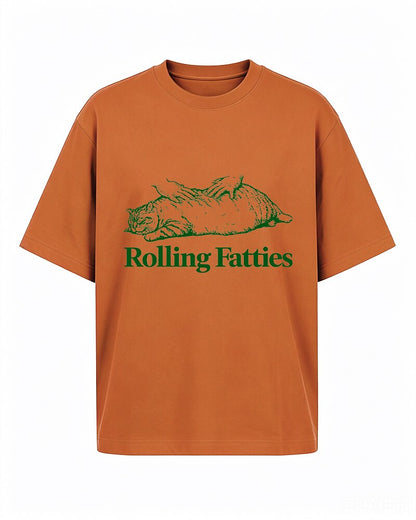 Rolling Fatties fat-cat graphic on Orange red cotton T-shirt