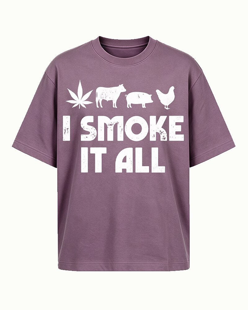 I Smoke It All cow, pig, chicken, and BBQ graphic on Brick red cotton T-shirt