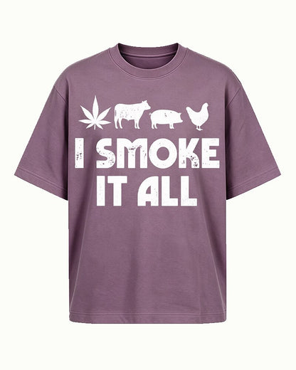 I Smoke It All cow, pig, chicken, and BBQ graphic on Brick red cotton T-shirt