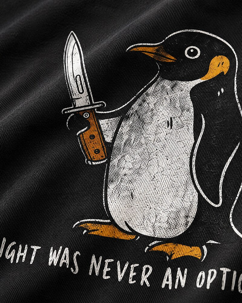 Flight Was Never an Option penguin-with-a-knife graphic on Heather Gray cotton T-shirt