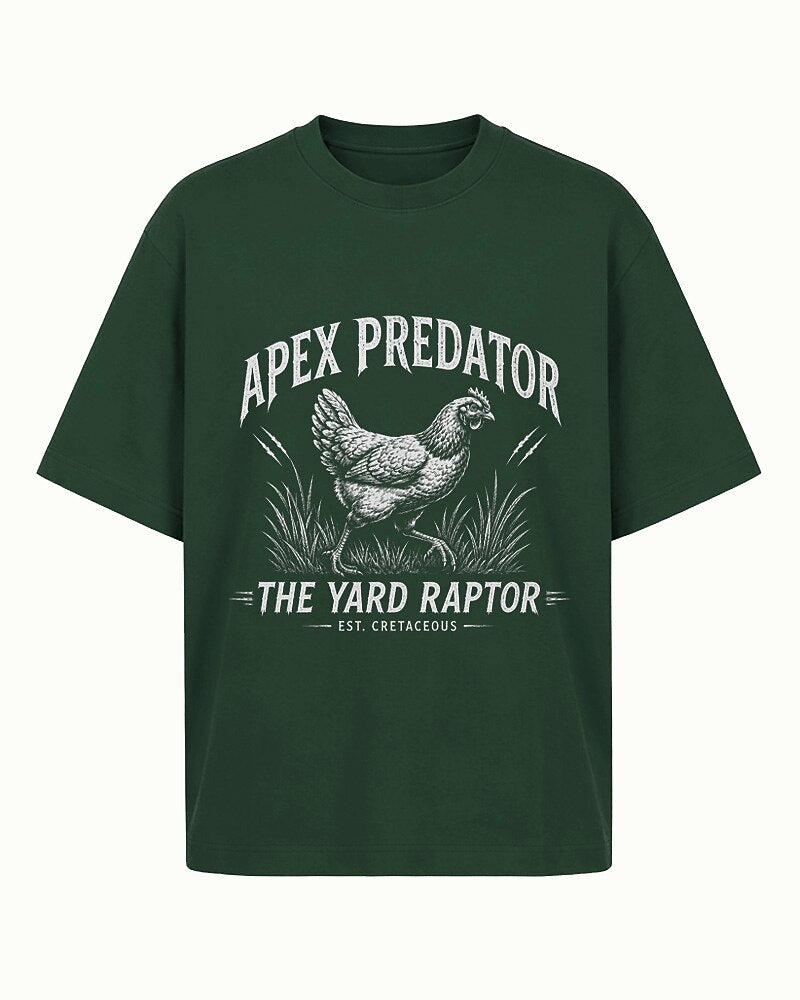 Apex Predator yard-raptor chicken graphic on Black cotton T-shirt