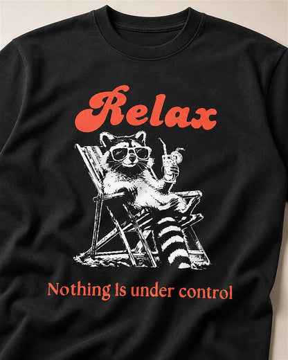 Relax, Nothing Is Under Control raccoon graphic on Black cotton T-shirt