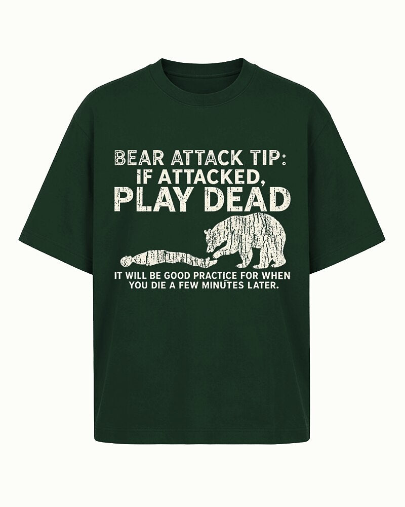 Bear Attack Tip: Play Dead dark-humor graphic on Royal Blue cotton T-shirt