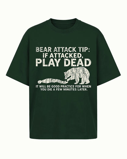 Bear Attack Tip: Play Dead dark-humor graphic on Royal Blue cotton T-shirt