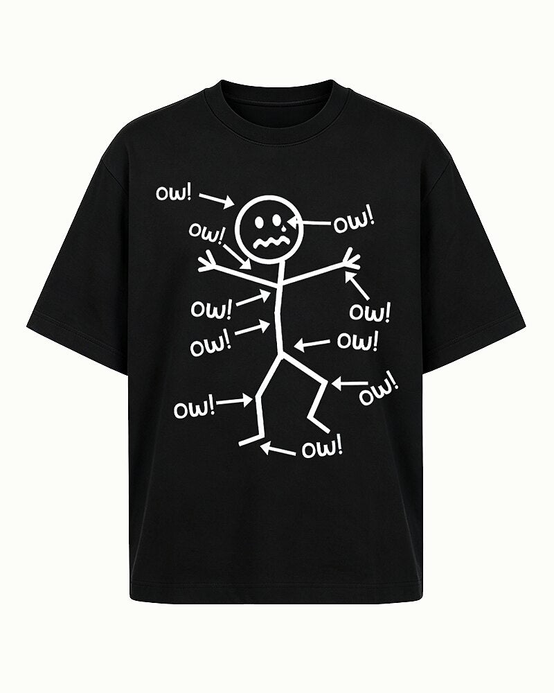 Body Pain Crying Stick Figure with Pointing Arrows Multiple Ow Quotes Graphic T-Shirt - product image 6