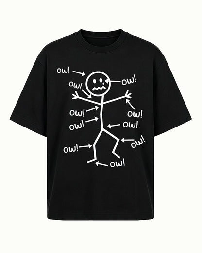 Body Pain Crying Stick Figure with Pointing Arrows Multiple Ow Quotes Graphic T-Shirt - product image 6