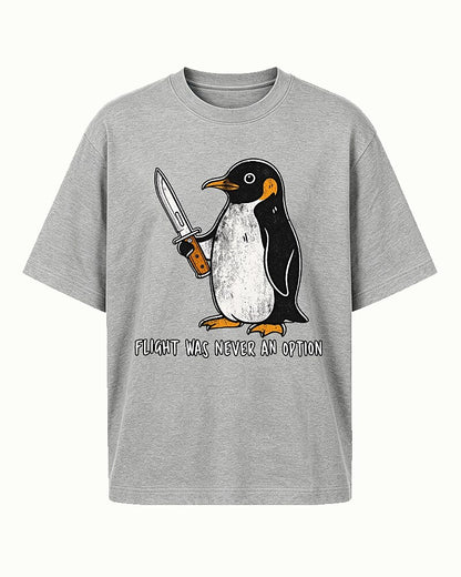 Flight Was Never an Option penguin-with-a-knife graphic on Heather Gray cotton T-shirt