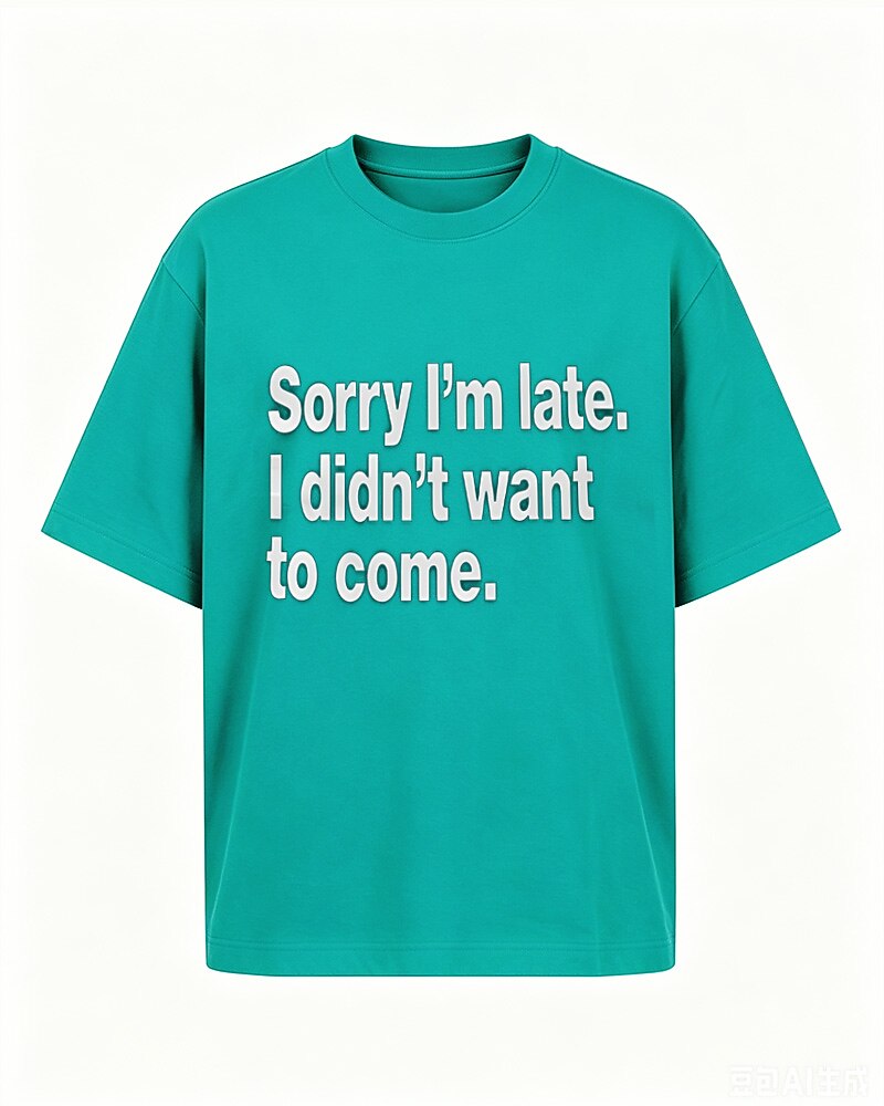Sorry I'm Late—I Didn't Want to Come quote on Nile Blue cotton T-shirt