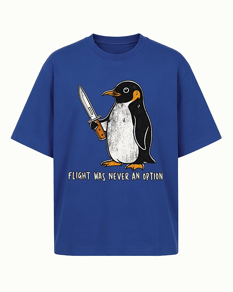 Flight Was Never an Option penguin-with-a-knife graphic on Heather Gray cotton T-shirt
